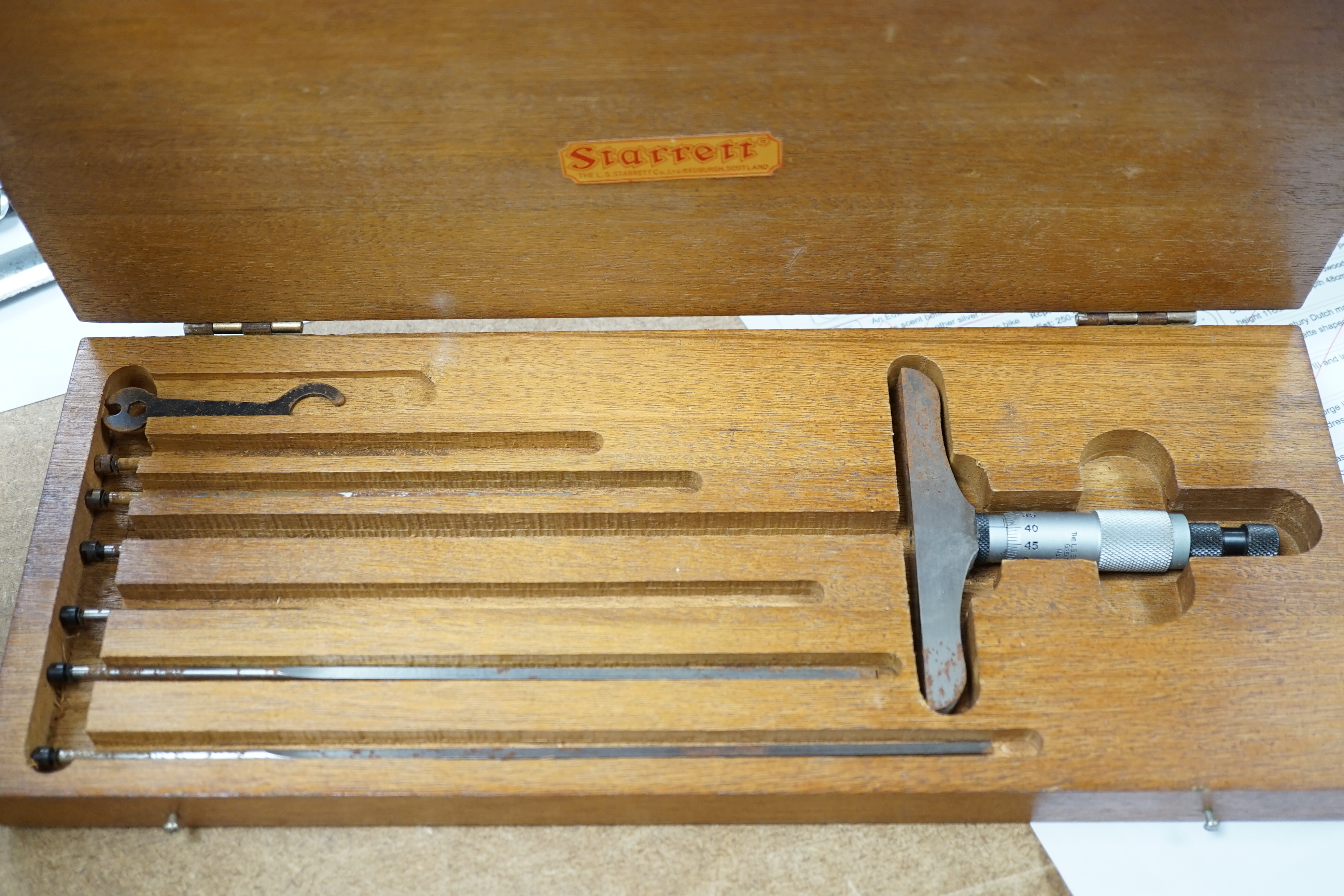 Sundry items including Starrett depth micrometer, two cut throat razors and two Dinky military toys